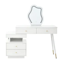 Coiffeuse avec Miroir - Sécurité Anti-Basculement, Tiroirs de Rangement - L140xP40xH130 cm, Blanc