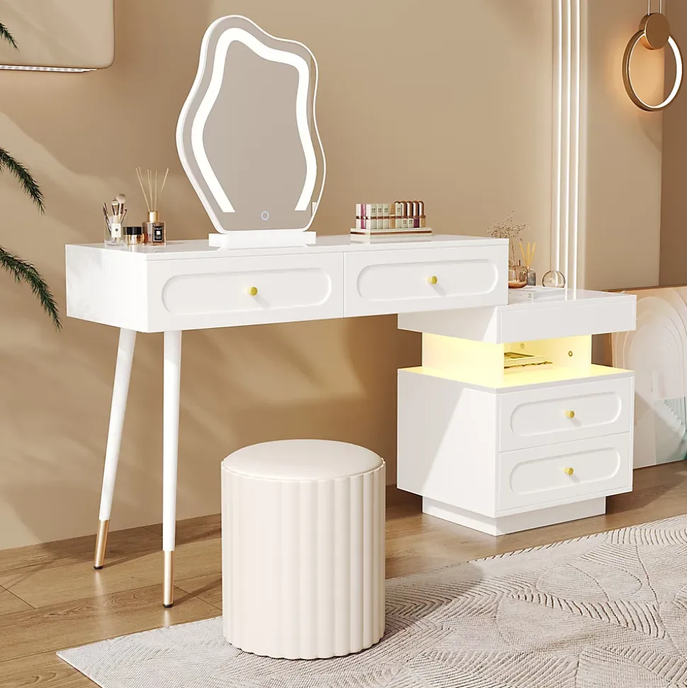 Coiffeuse avec Miroir - Sécurité Anti-Basculement, Tiroirs de Rangement - L140xP40xH130 cm, Blanc