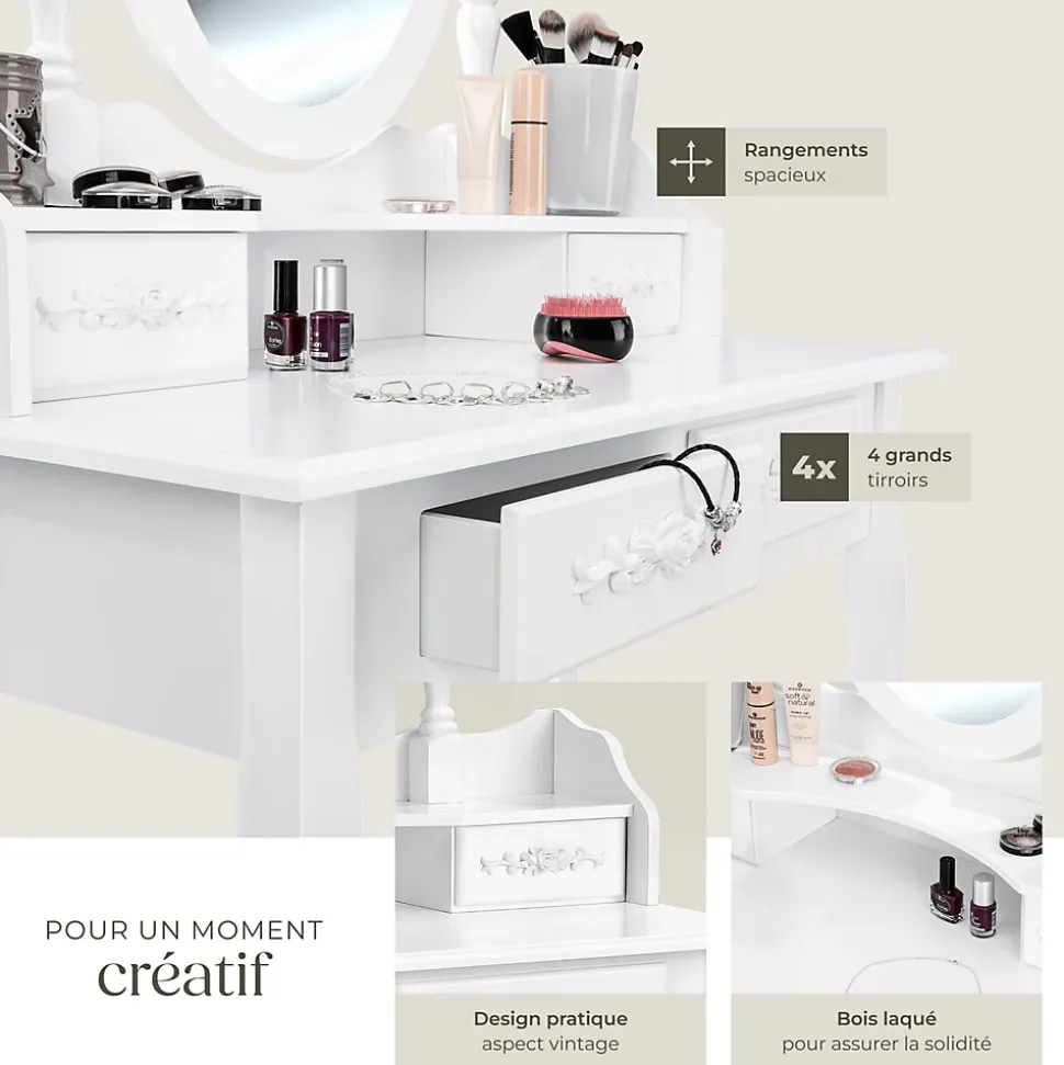Coiffeuse avec miroir 4 tiroirs au look vintage avec tabouret rembourré