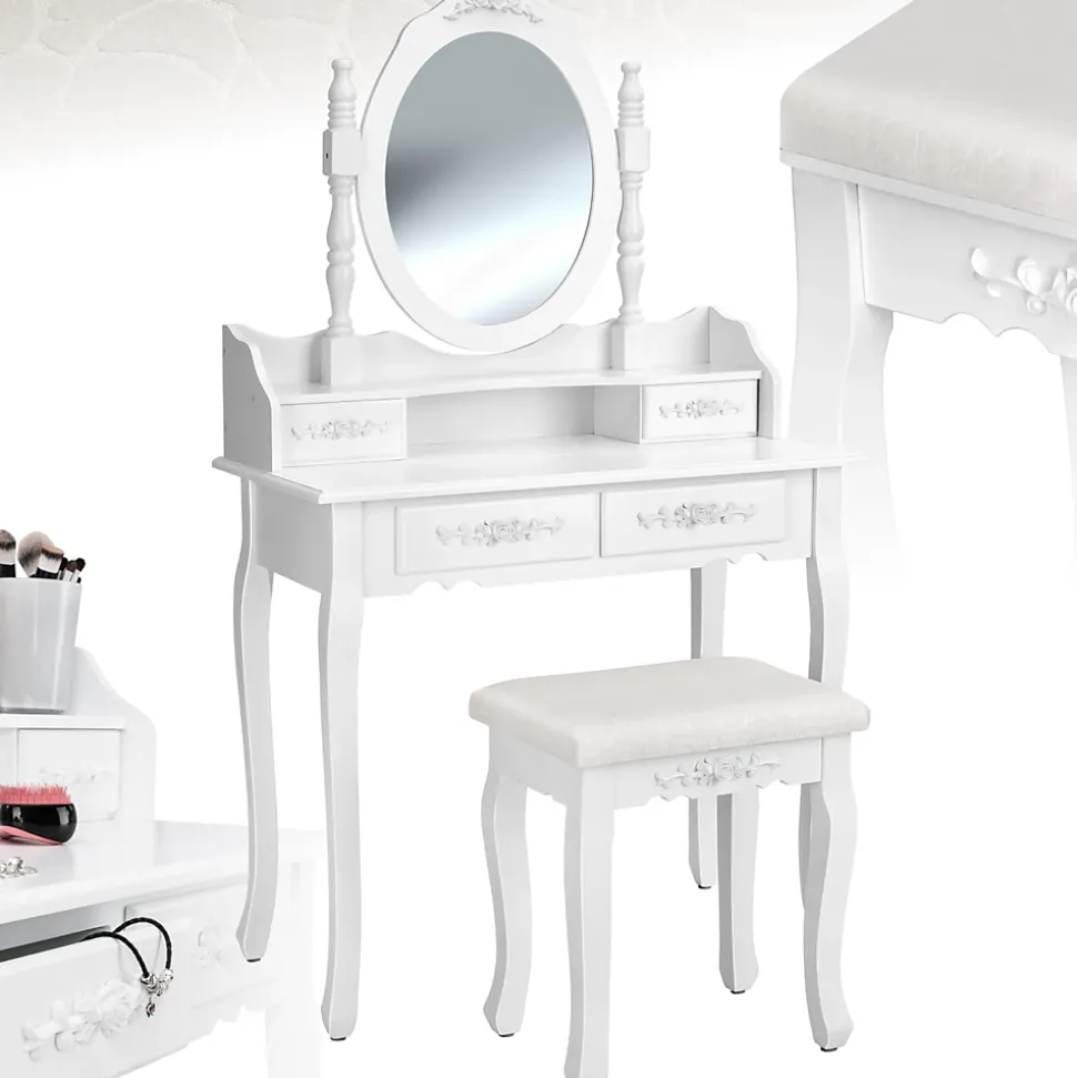 Coiffeuse avec miroir 4 tiroirs au look vintage avec tabouret rembourré