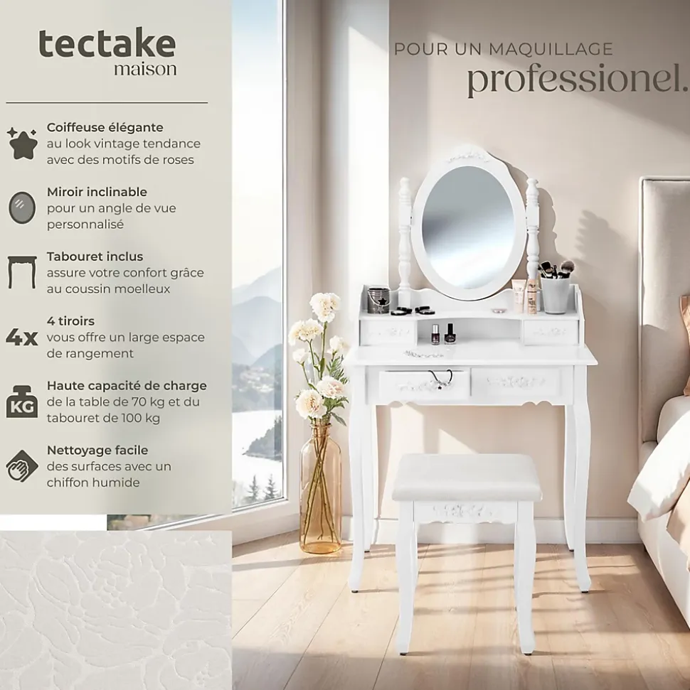 Coiffeuse avec miroir 4 tiroirs au look vintage avec tabouret rembourré