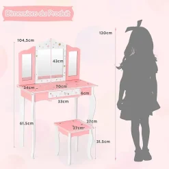 Coiffeuse avec Miroir a 3 Volets Amovible et Tiroir Table de Maquillage avec Tabouret Ensemble Coiffeuse avec Coins Arrondis