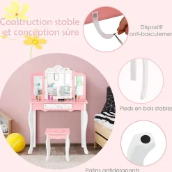 Coiffeuse avec Miroir a 3 Volets Amovible et Tiroir Table de Maquillage avec Tabouret Ensemble Coiffeuse avec Coins Arrondis