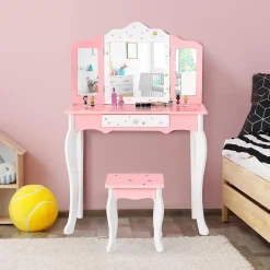 Coiffeuse avec Miroir a 3 Volets Amovible et Tiroir Table de Maquillage avec Tabouret Ensemble Coiffeuse avec Coins Arrondis