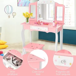 Coiffeuse avec Miroir a 3 Volets Amovible et Tiroir Table de Maquillage avec Tabouret Ensemble Coiffeuse avec Coins Arrondis