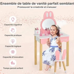 Coiffeuse avec Miroir Amovible Table de Maquillage avec Tiroir et 2 Boîtes Coiffeuse en Forme de Lapin avec Tabouret