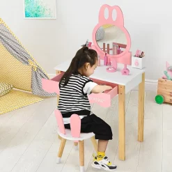 Coiffeuse avec Miroir Amovible Table de Maquillage avec Tiroir et 2 Boîtes Coiffeuse en Forme de Lapin avec Tabouret
