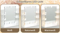 Coiffeuse Avec Miroir Éclairage LED 3 Tons 105x40x130cm, Rangement D'angle, Tiroirs 3 Compartiments