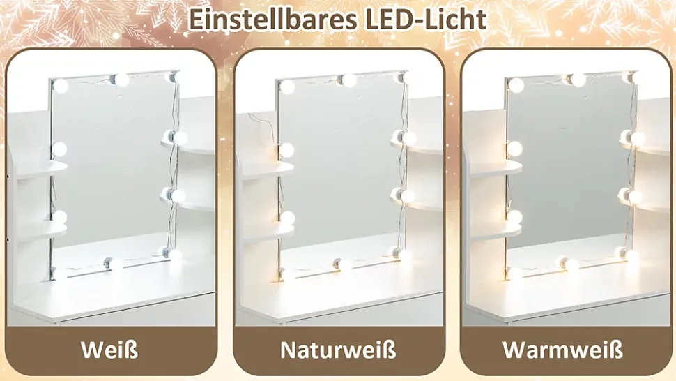 Coiffeuse Avec Miroir Éclairage LED 3 Tons 105x40x130cm, Rangement D'angle, Tiroirs 3 Compartiments