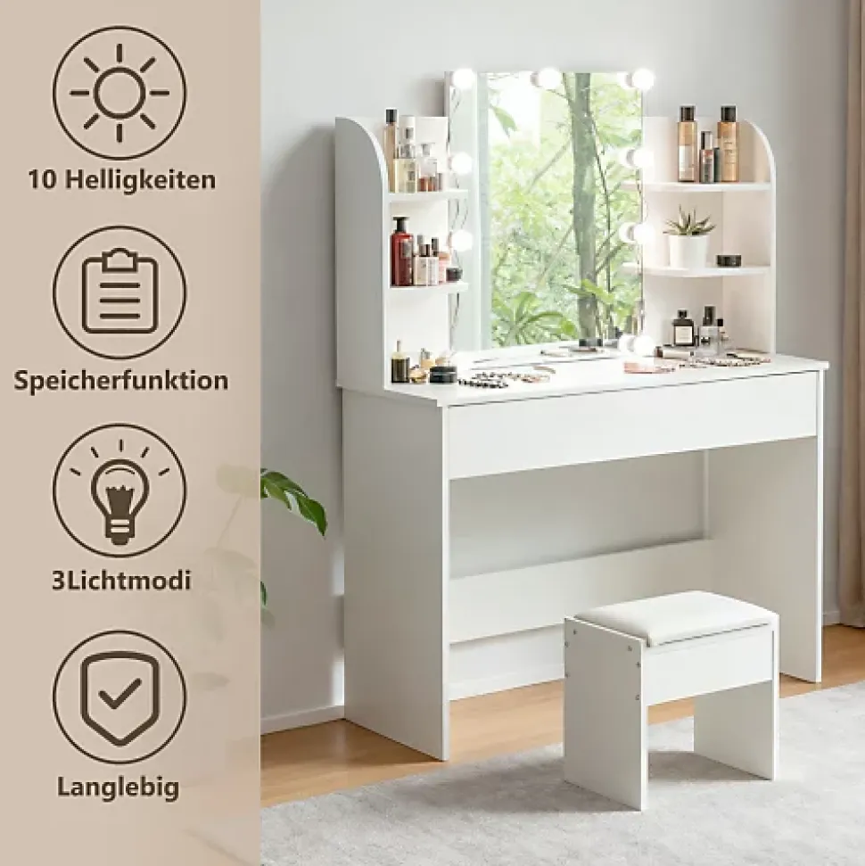 Coiffeuse Avec Miroir Éclairage LED 3 Tons 105x40x130cm, Rangement D'angle, Tiroirs 3 Compartiments