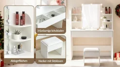 Coiffeuse Avec Miroir Éclairage LED 3 Tons 105x40x130cm, Rangement D'angle, Tiroirs 3 Compartiments