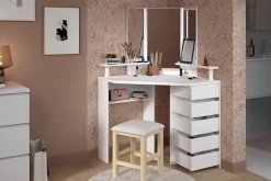 Coiffeuse avec miroir, éclairage intégré, étagère, 5 tiroirs blanc Volage