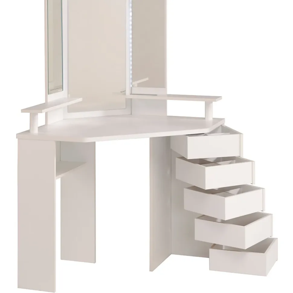 Coiffeuse avec miroir, éclairage intégré, étagère, 5 tiroirs blanc Volage