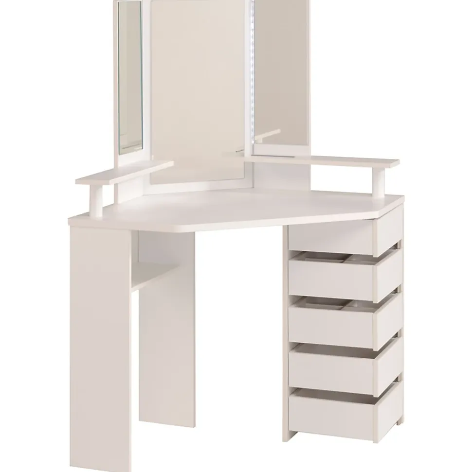 Coiffeuse avec miroir, éclairage intégré, étagère, 5 tiroirs blanc Volage