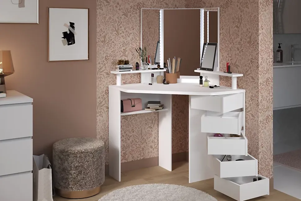Coiffeuse avec miroir, éclairage intégré, étagère, 5 tiroirs blanc Volage