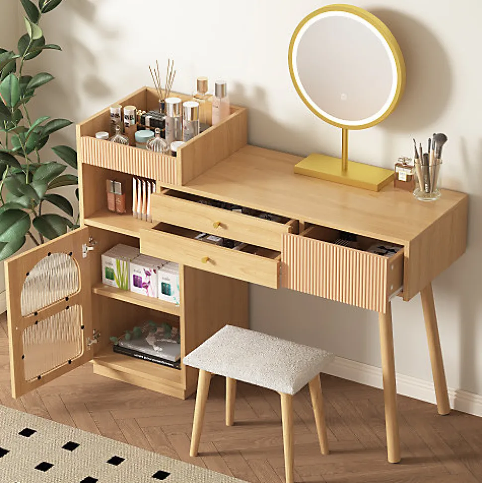 Coiffeuse avec Miroir de Maquillage LED Tiroirs et Meuble Latéral 120x 40x 90 cm