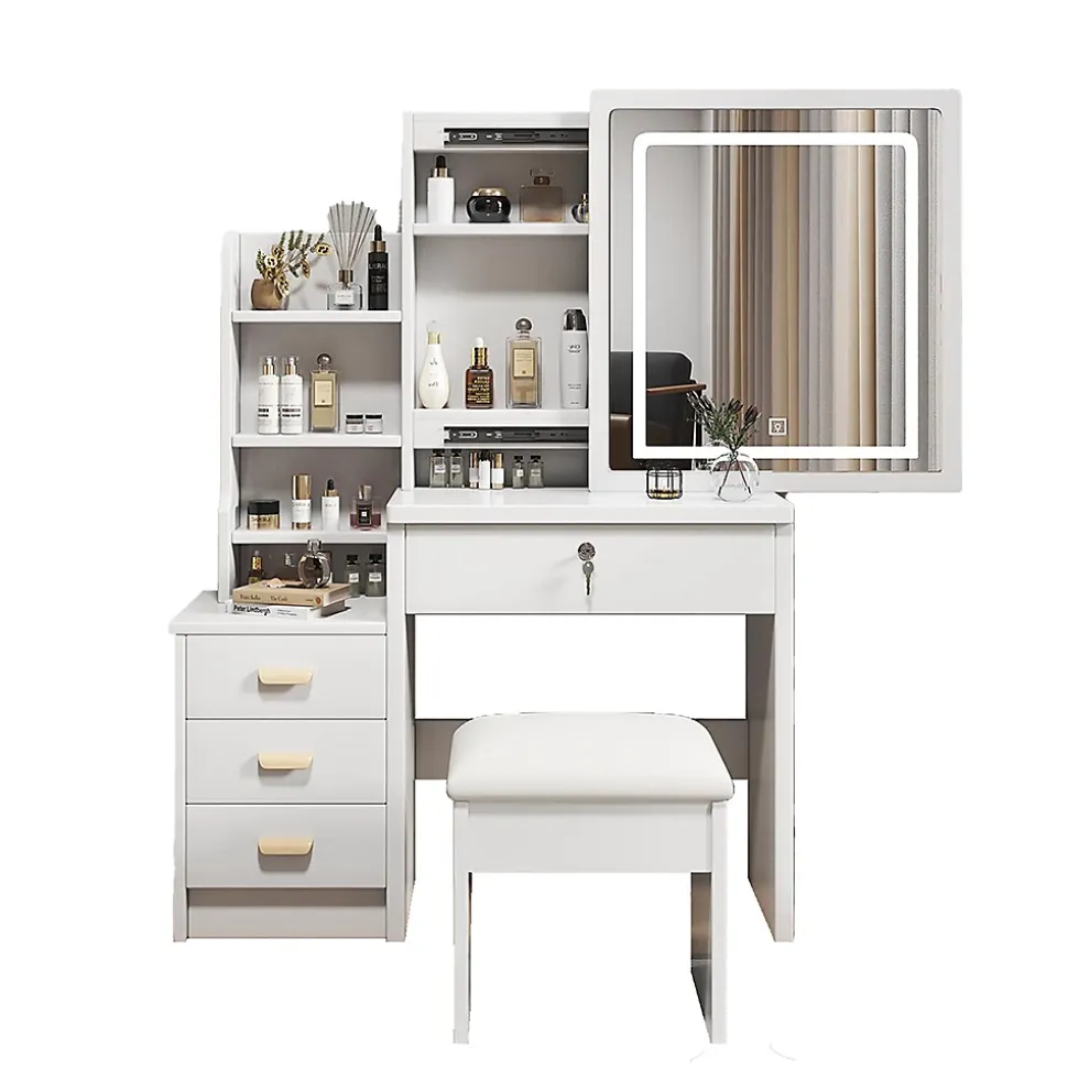 Coiffeuse avec miroir et éclairage,tabouret inclus,85x130x36cm,blanc,éclairage réglable 3 couleurs,4 tiroirs