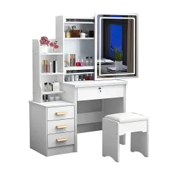 Coiffeuse avec miroir et éclairage,tabouret inclus,85x130x36cm,blanc,éclairage réglable 3 couleurs,4 tiroirs