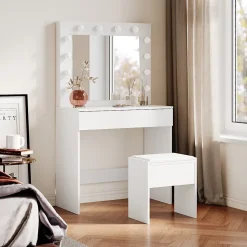 Coiffeuse avec Miroir et Tabouret Blanc 80x40x140cm SIRHONA Ensemble de Coiffeuse Blanche avec Ampoules LED