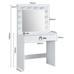 Coiffeuse avec Miroir et Tabouret Blanc 80x40x140cm SIRHONA Ensemble de Coiffeuse Blanche avec Ampoules LED