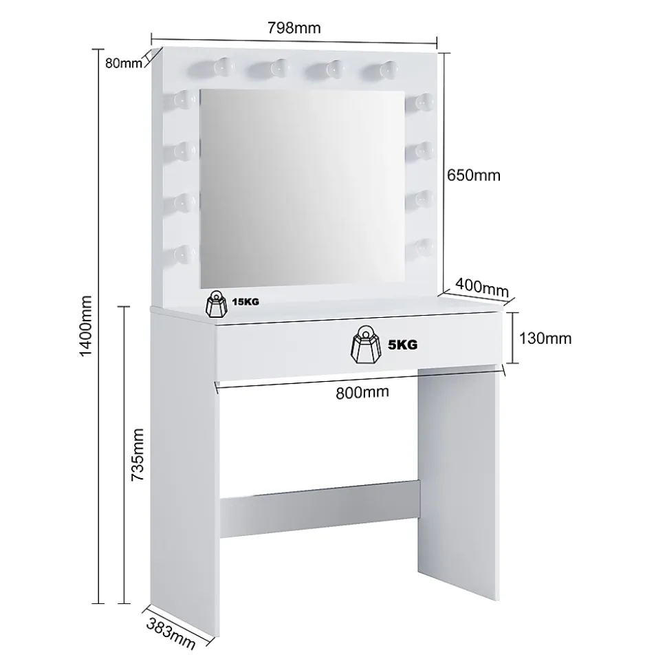 Coiffeuse avec Miroir et Tabouret Blanc 80x40x140cm SIRHONA Ensemble de Coiffeuse Blanche avec Ampoules LED