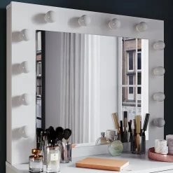 Coiffeuse avec Miroir et Tabouret Blanc 80x40x140cm SIRHONA Ensemble de Coiffeuse Blanche avec Ampoules LED