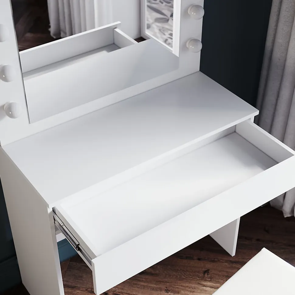 Coiffeuse avec Miroir et Tabouret Blanc 80x40x140cm SIRHONA Ensemble de Coiffeuse Blanche avec Ampoules LED