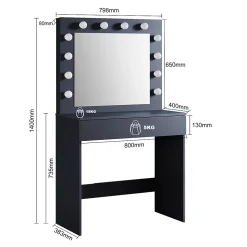 Coiffeuse avec Miroir et Tabouret Noir 80x40x140cm SIRHONA Ensemble de Coiffeuse avec Ampoules LED