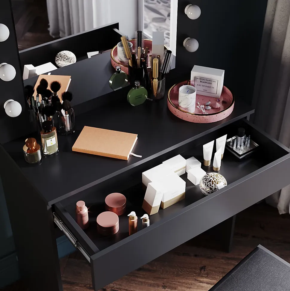 Coiffeuse avec Miroir et Tabouret Noir 80x40x140cm SIRHONA Ensemble de Coiffeuse avec Ampoules LED