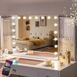 Coiffeuse Avec Miroir LED 8 Tiroirs Blanc 120x 55 cm
