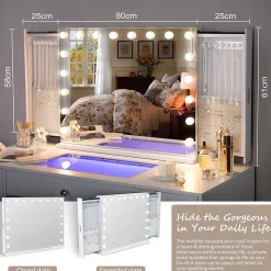 Coiffeuse Avec Miroir LED 8 Tiroirs Blanc 120x 55 cm