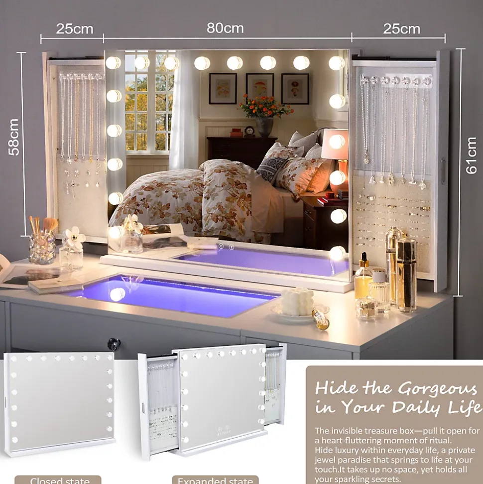 Coiffeuse Avec Miroir LED 8 Tiroirs Blanc 120x 55 cm