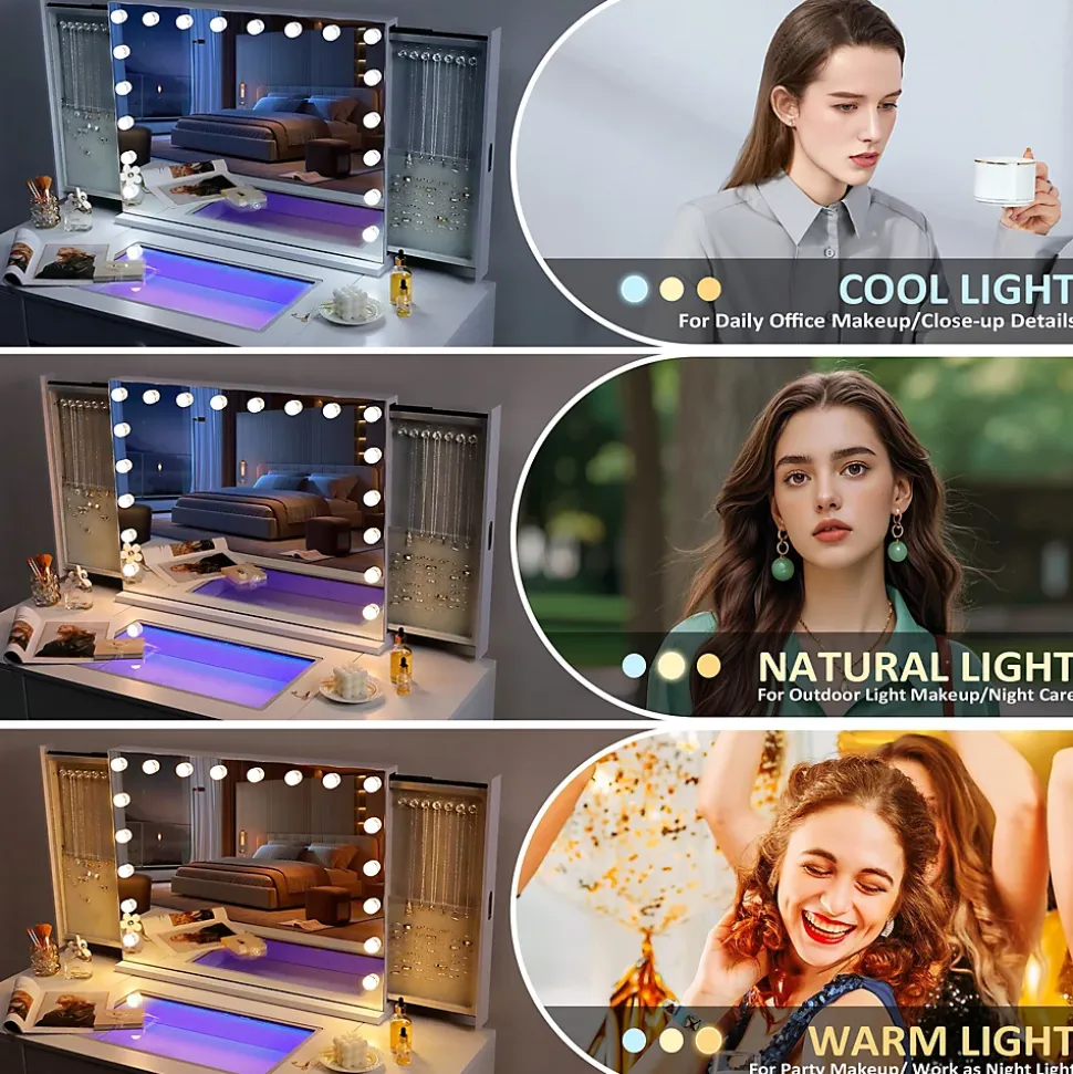 Coiffeuse Avec Miroir LED 8 Tiroirs Blanc 120x 55 cm