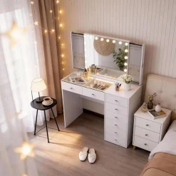 Coiffeuse Avec Miroir LED 8 Tiroirs Blanc 120x 55 cm