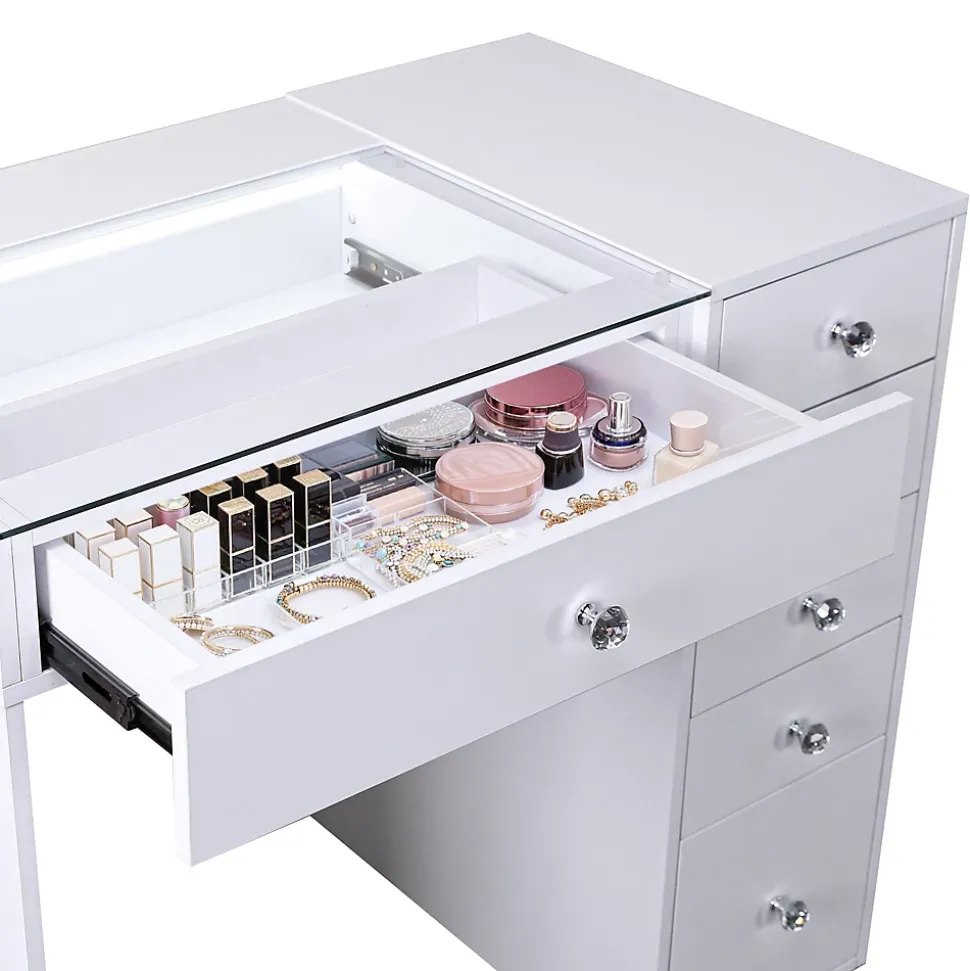 Coiffeuse avec Miroir LED 6 Tiroirs Blanc 92x 55 cm