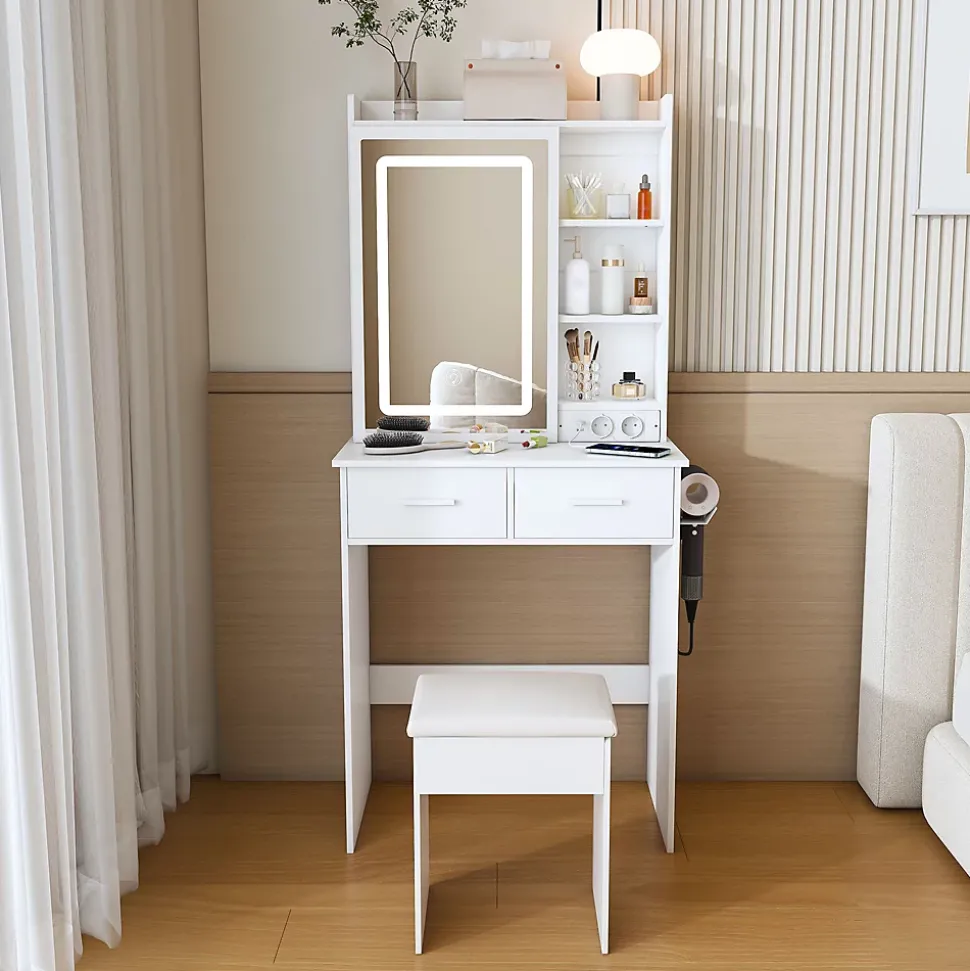 Coiffeuse avec Miroir LED et Tabouret étagère et 2 Tiroirs Blanc