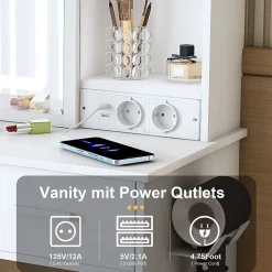 Coiffeuse avec Miroir LED et Tabouret étagère et 2 Tiroirs Blanc