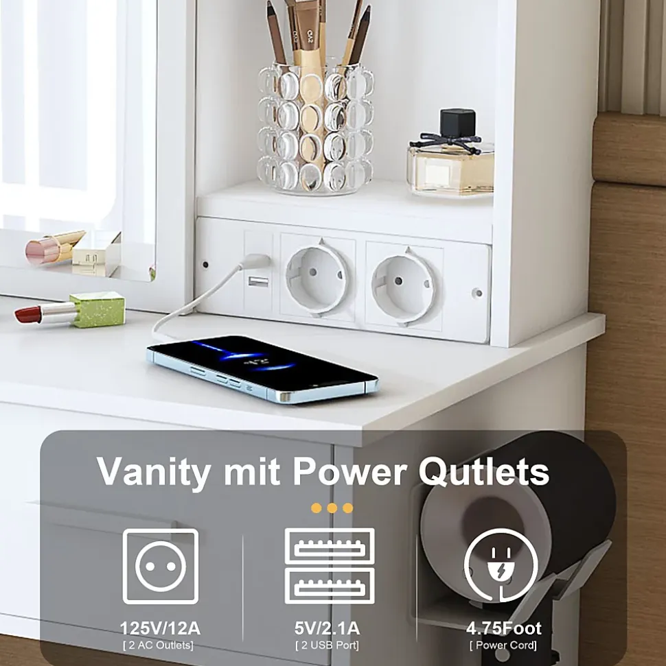 Coiffeuse avec Miroir LED et Tabouret étagère et 2 Tiroirs Blanc