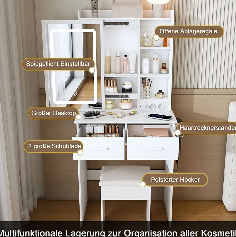 Coiffeuse avec Miroir LED et Tabouret étagère et 2 Tiroirs Blanc