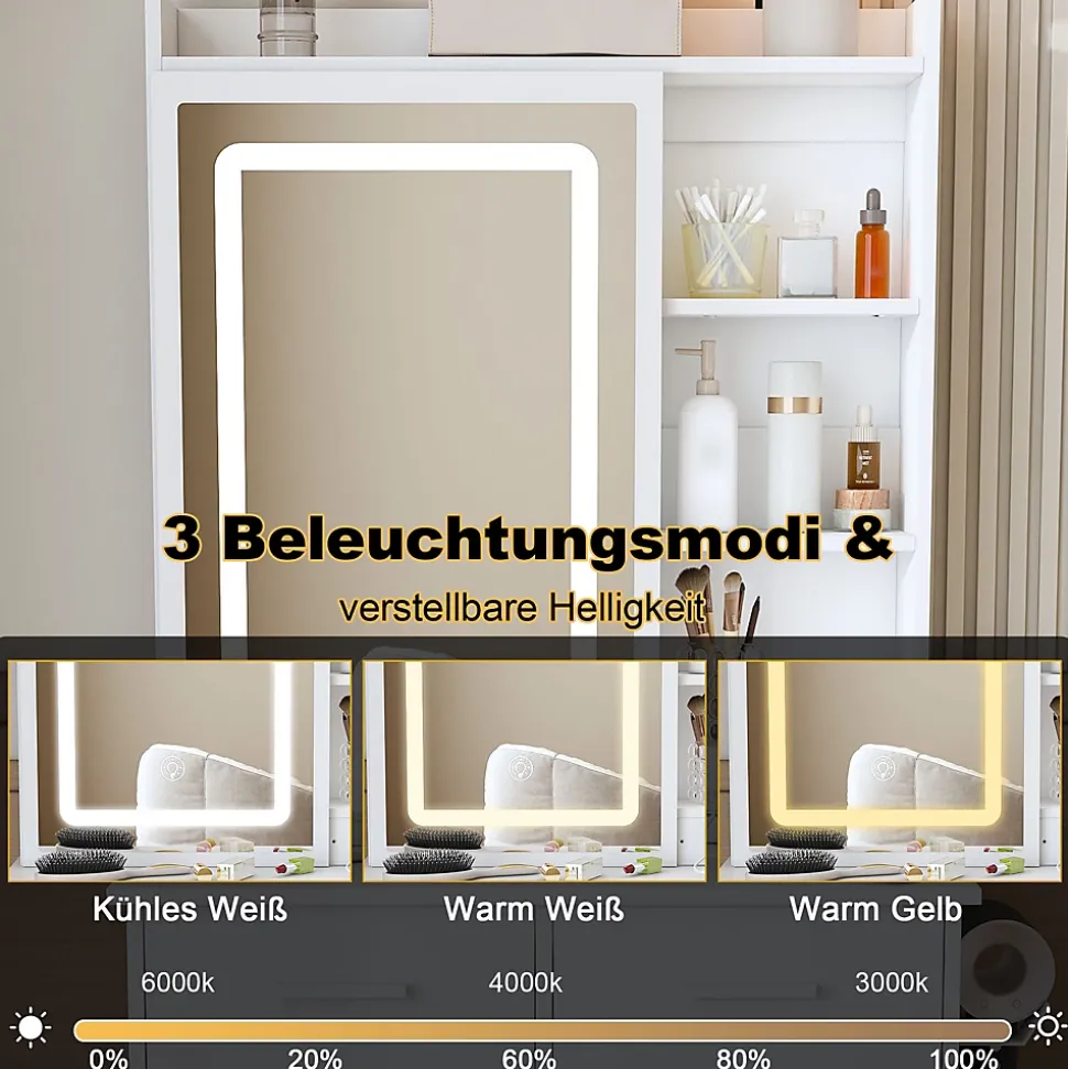 Coiffeuse avec Miroir LED et Tabouret étagère et 2 Tiroirs Blanc