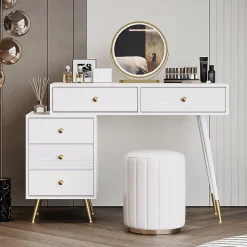 Coiffeuse avec Miroir LED - Table de Maquillage avec Rangement Latéral Réglable et design Extensible - 100x40x78 cm - Blanc