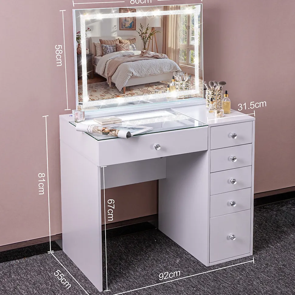 Coiffeuse avec Miroir LED 6 Tiroirs Blanc 92x 55 cm