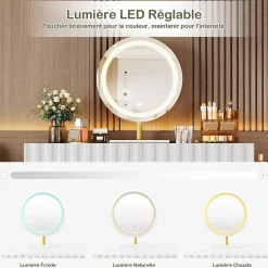 Coiffeuse avec Miroir LED et 5 Tiroirs, Espace de Rangement pour Cosmétiques, 100x40x127 cm, Blanc
