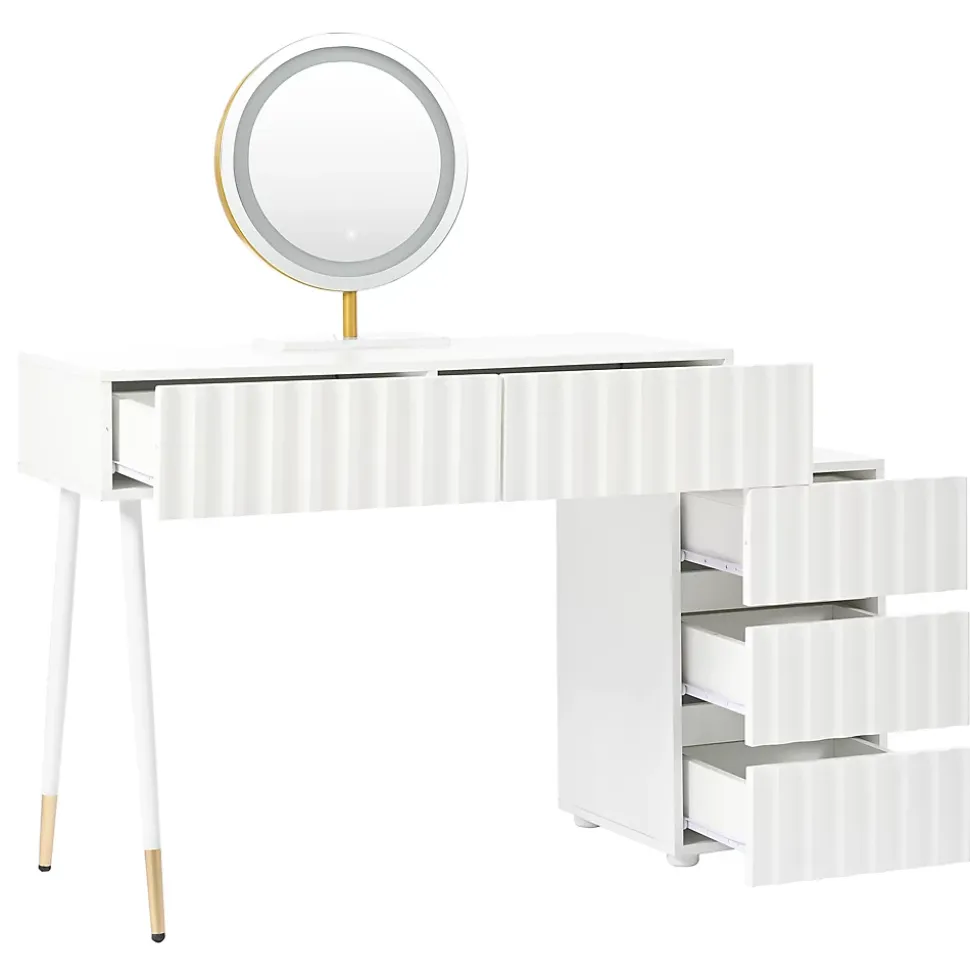 Coiffeuse avec Miroir LED et 5 Tiroirs, Espace de Rangement pour Cosmétiques, 100x40x127 cm, Blanc