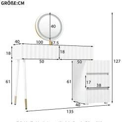Coiffeuse avec Miroir LED et 5 Tiroirs, Espace de Rangement pour Cosmétiques, 100x40x127 cm, Blanc