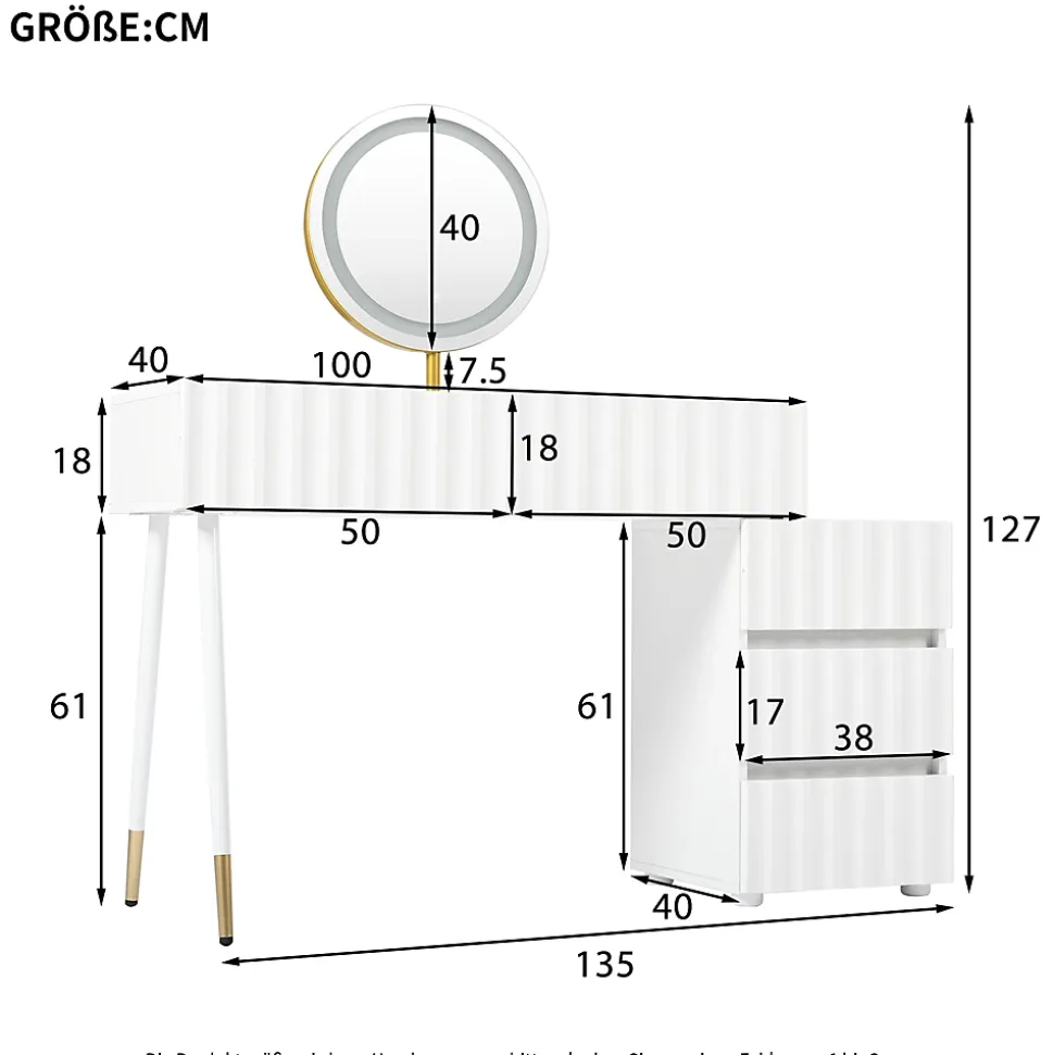 Coiffeuse avec Miroir LED et 5 Tiroirs, Espace de Rangement pour Cosmétiques, 100x40x127 cm, Blanc