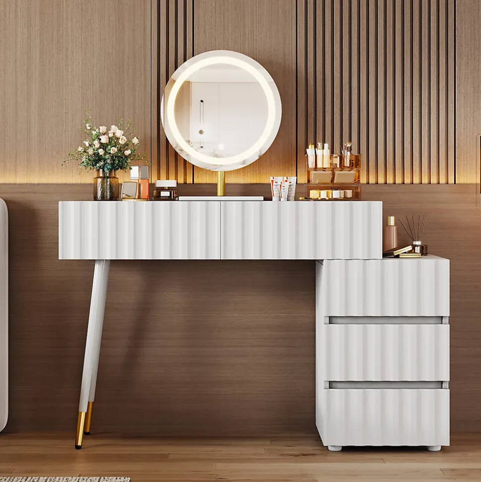Coiffeuse avec Miroir LED et 5 Tiroirs, Espace de Rangement pour Cosmétiques, 100x40x127 cm, Blanc