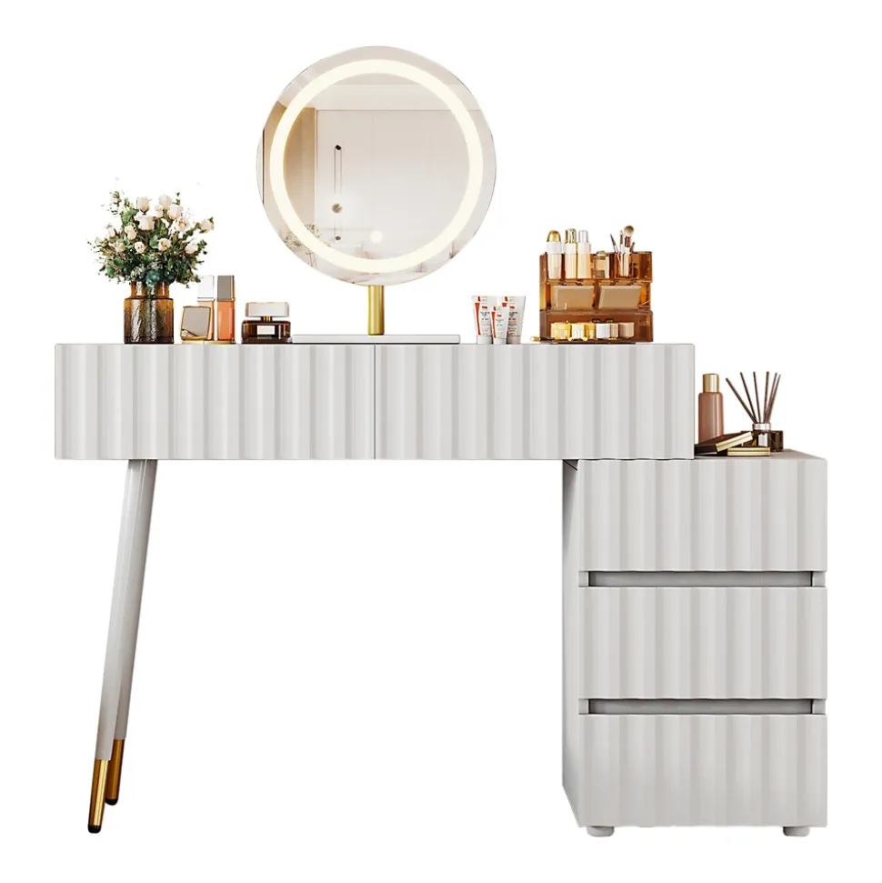 Coiffeuse avec Miroir LED et 5 Tiroirs, Espace de Rangement pour Cosmétiques, 100x40x127 cm, Blanc