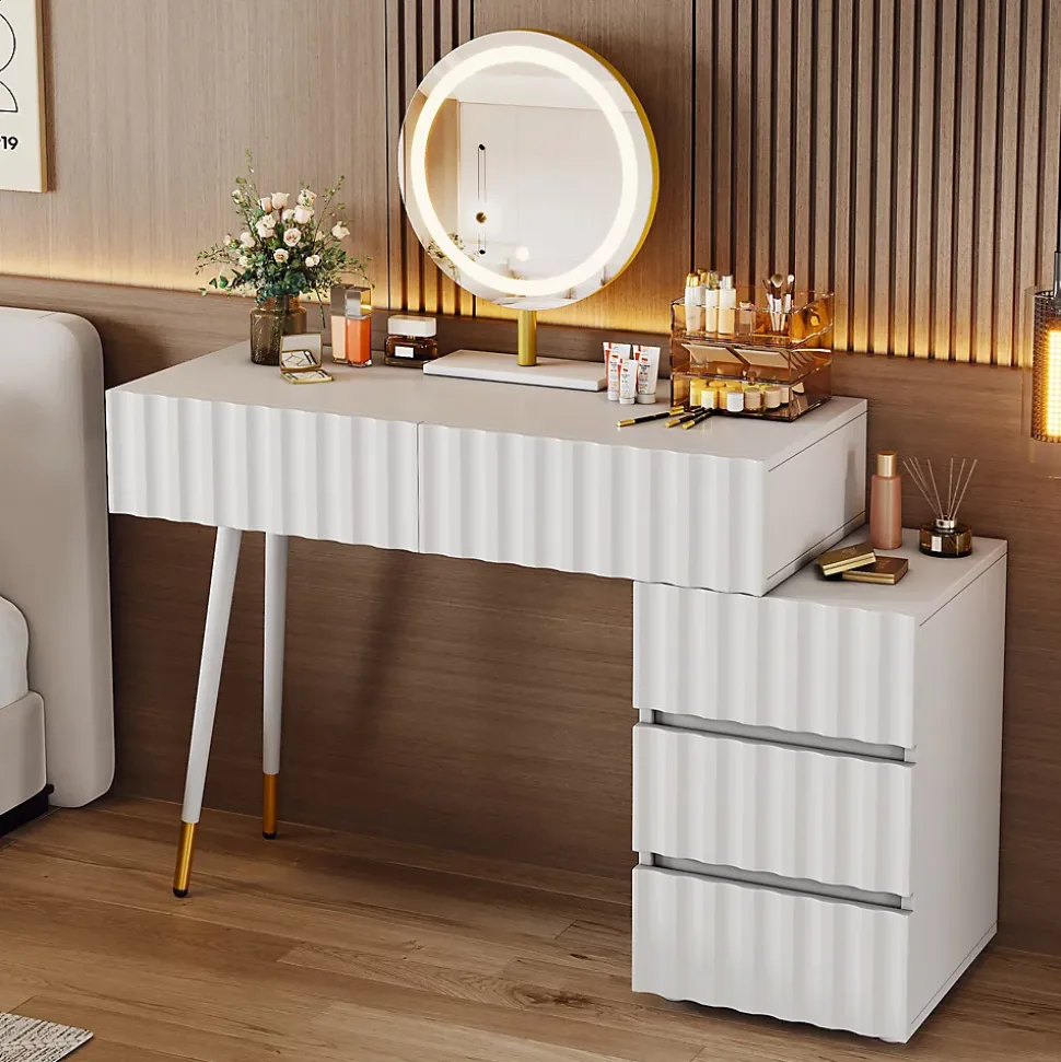 Coiffeuse avec Miroir LED et 5 Tiroirs, Espace de Rangement pour Cosmétiques, 100x40x127 cm, Blanc