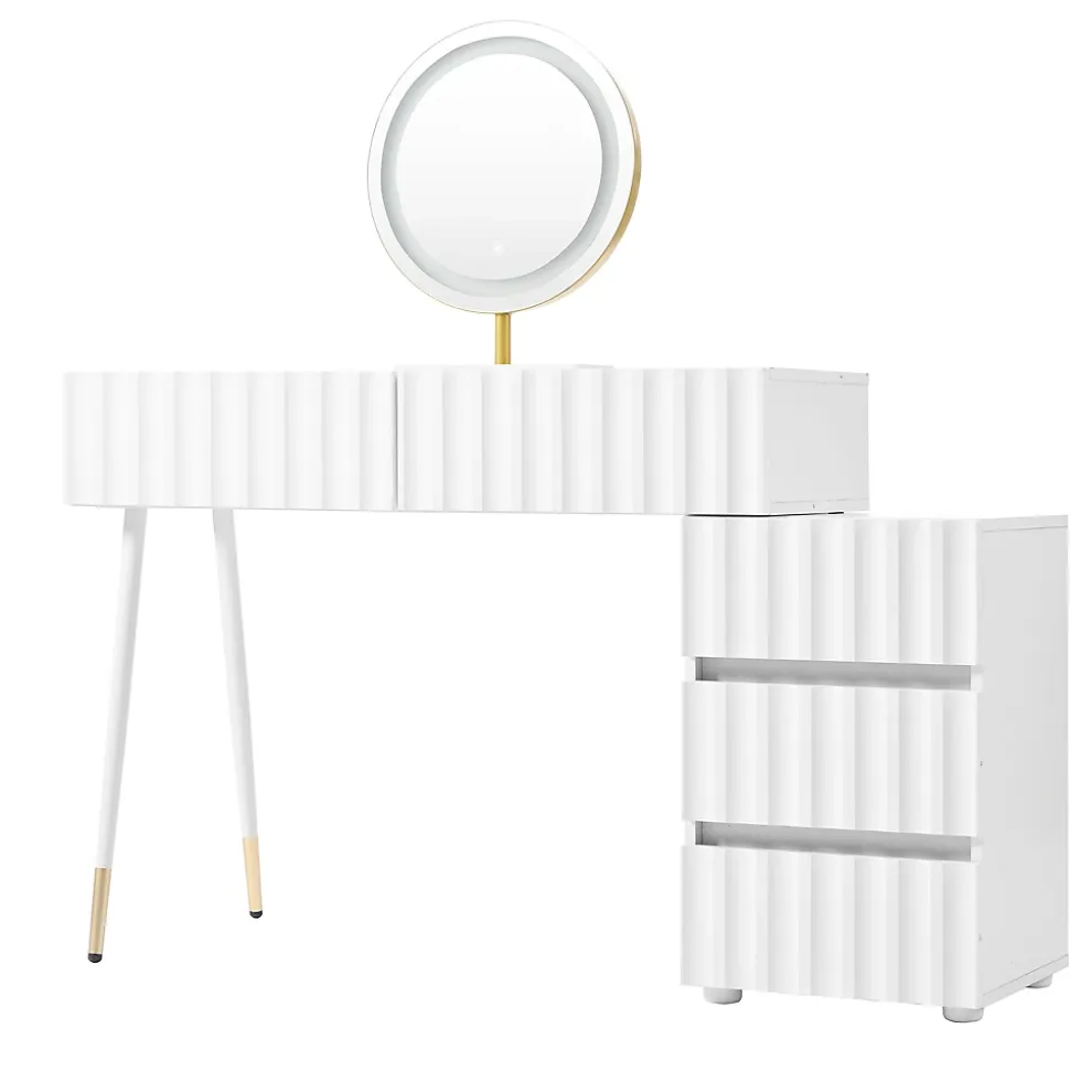 Coiffeuse avec Miroir LED et 5 Tiroirs, Espace de Rangement pour Cosmétiques, 100x40x127 cm, Blanc